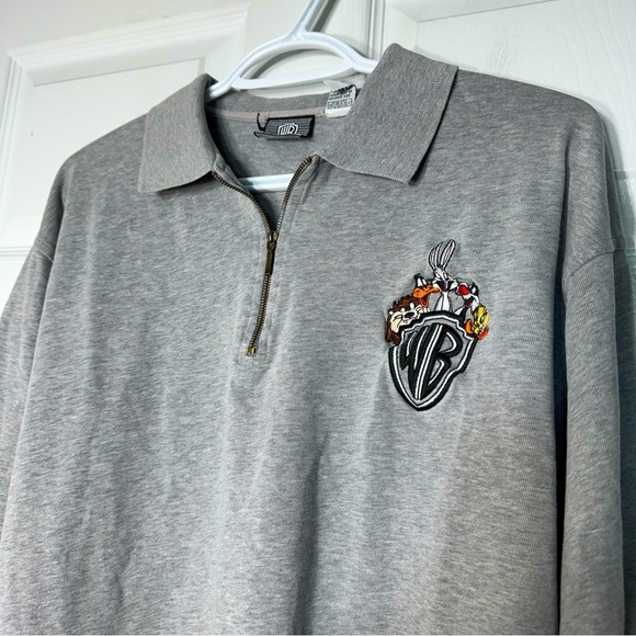 VTG 1993 Warner Bros.Looney Tunes Embroidered Polo 1/4 Zip Sweatshirt Men M Grey - Picture 1 of 11